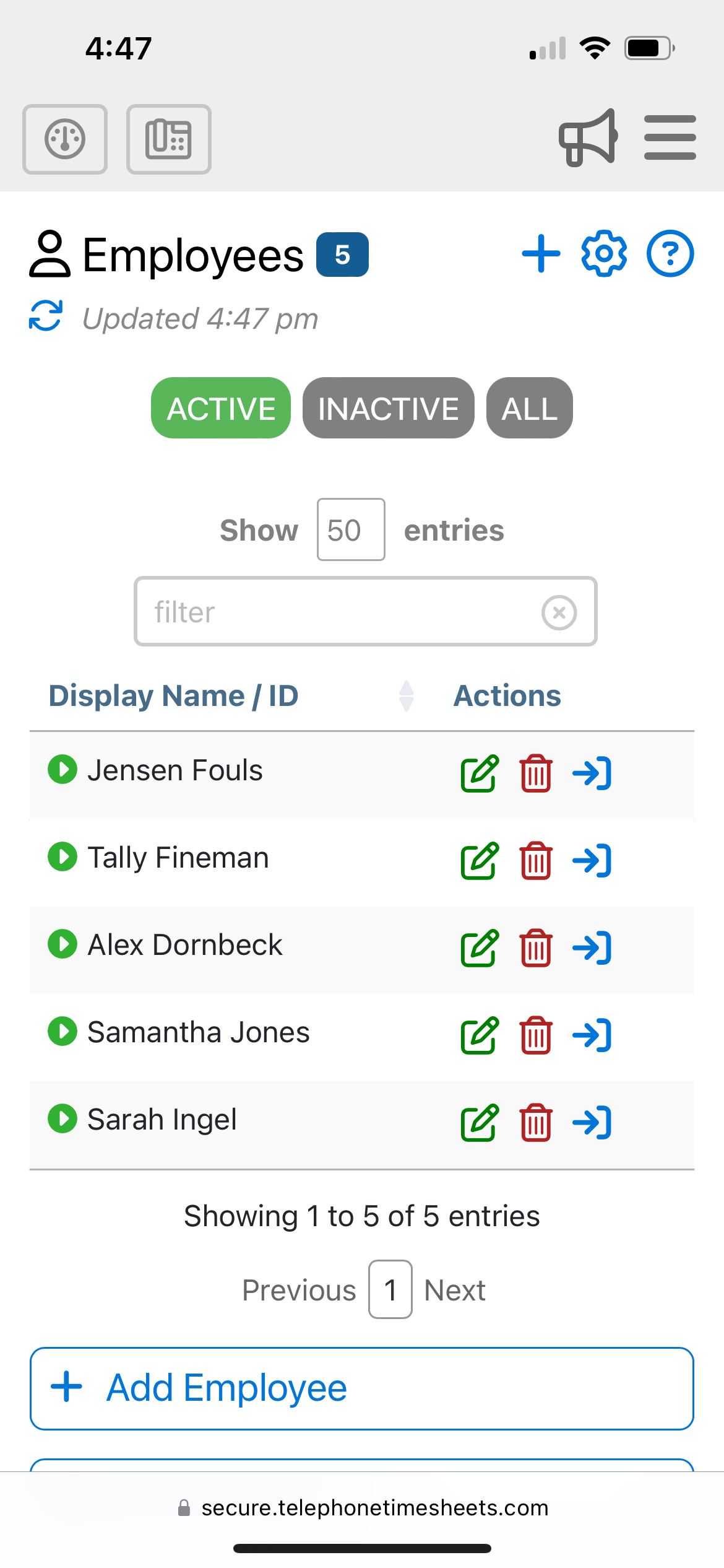 Employee List in Telephone Timesheets